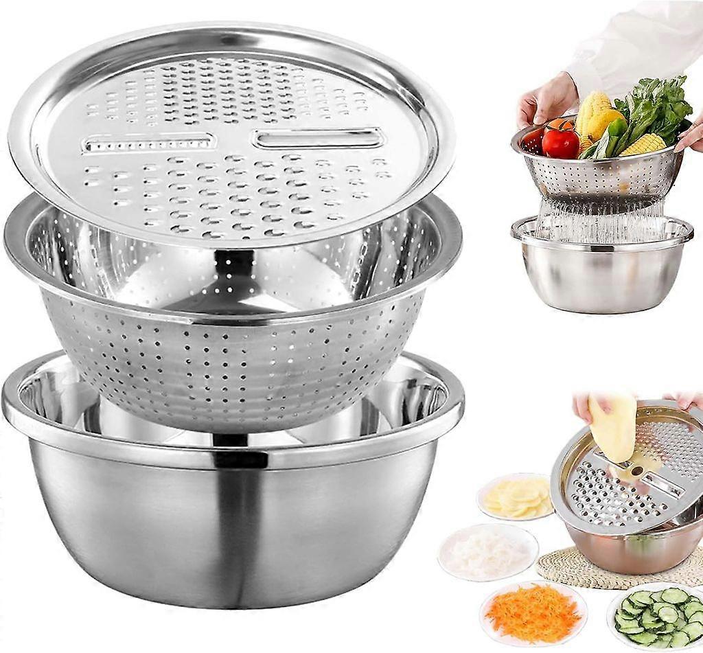 28cm Stainless Steel Basin, Grater with Drain Basket for Vegetables, Ginger, and Salad