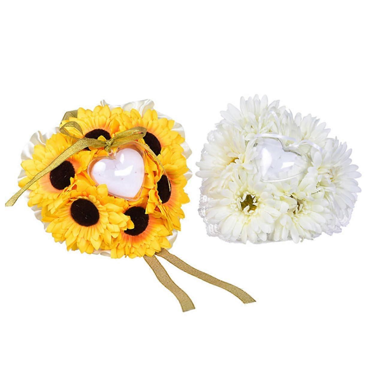 Sunflowershaped embroidered ring pillow for weddings, elegant design wedding accessory.