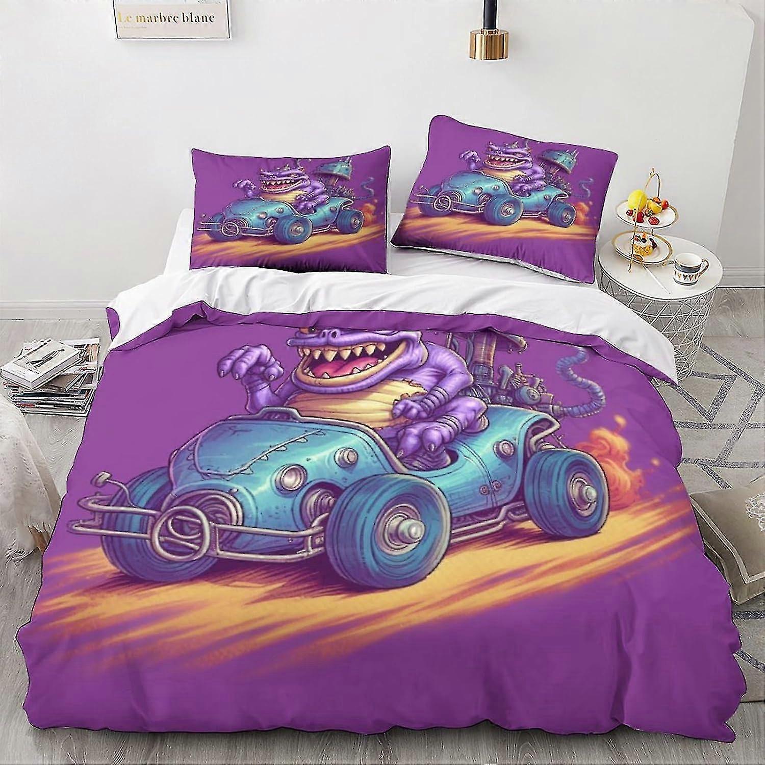 Cartoon Bedding Set with Vintage Car Design - 3 Piece Soft Comforter Quilt Cover for King Room Decor