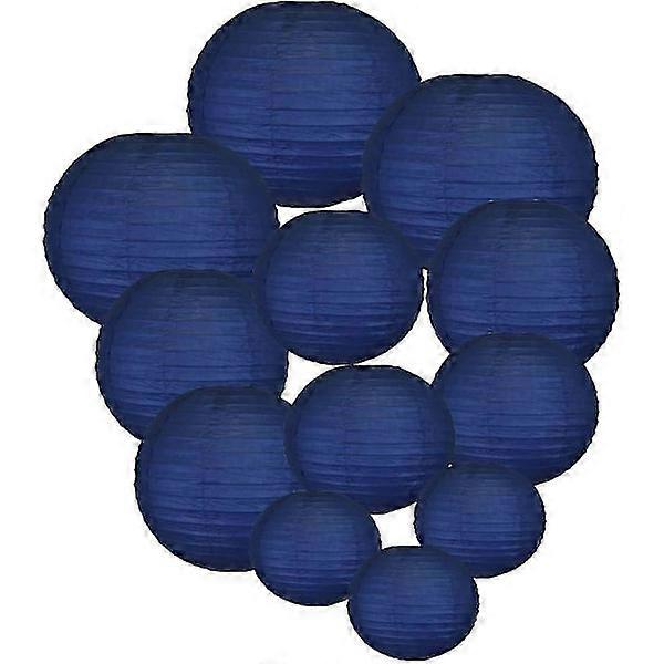 (Σκούρο μπλε) 12 τμχ φανάρια χαρτιού πολύχρωμα διακοσμητικά στρογγυλά φανάρια εγγράφου για την επέτειο πάρτι φεστιβάλ με 4 μεγέθη