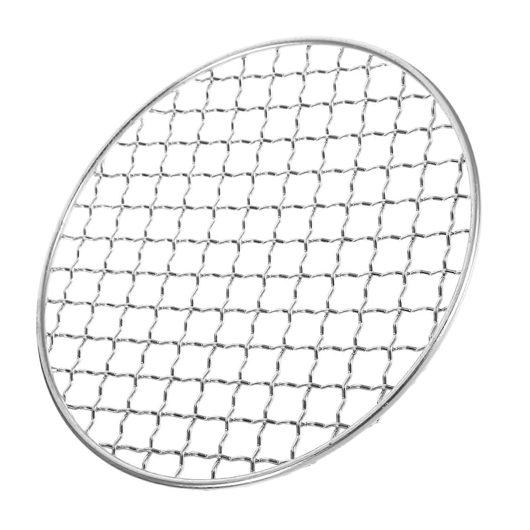 Round grill grate for steaks, vegetables, portable grilling, reusable, easy to clean, even heat.