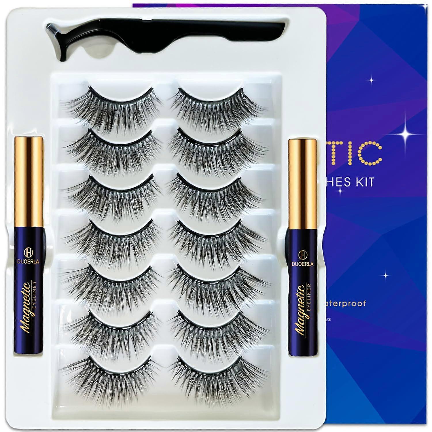 Magnetic Eyelashes with Eyeliner Set - 7 Pairs of Thin Cat-Eye Magnetic Eyelashes for Natural Look - Upgraded Long-Lasting, Reusable, Cruelty-Fr