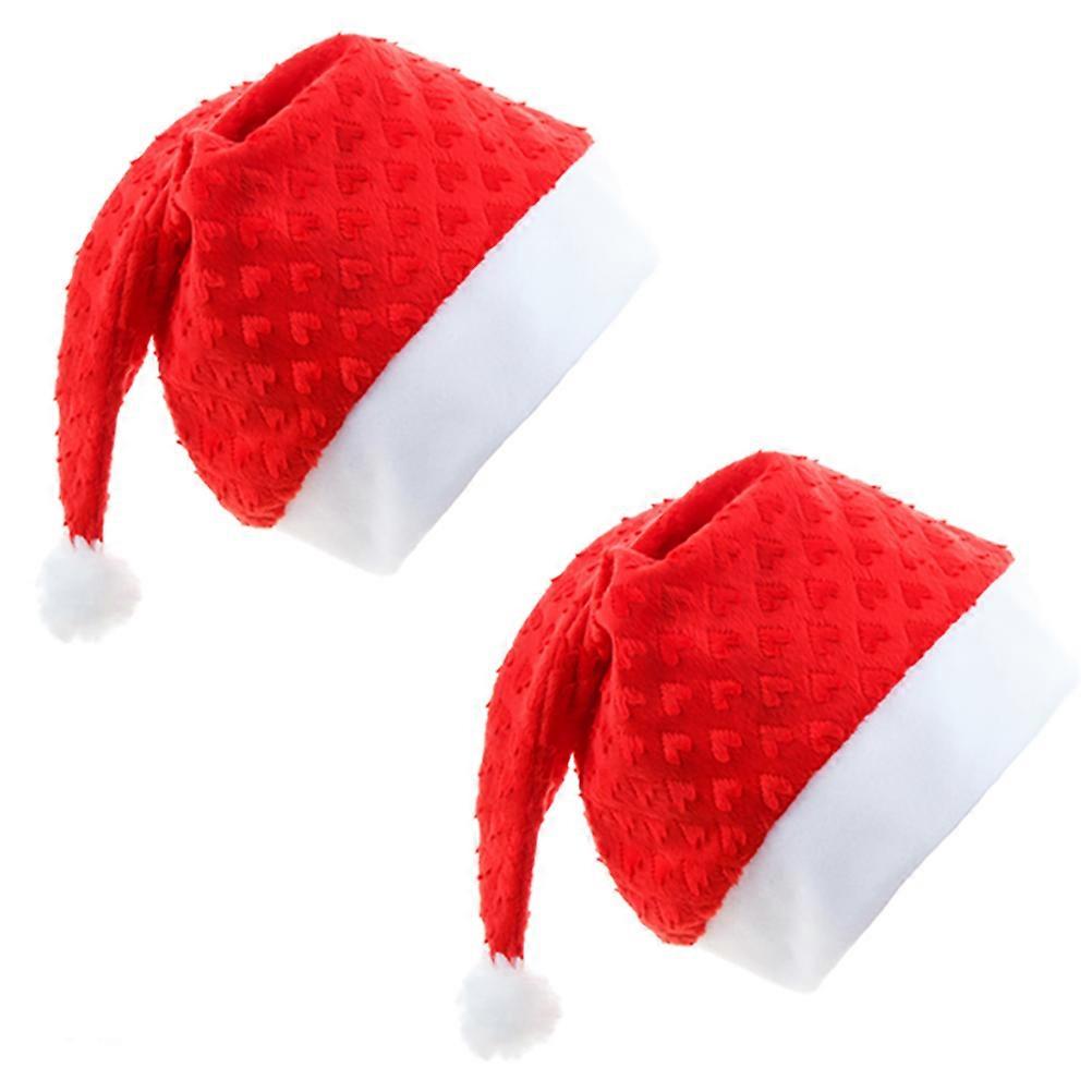 Red Plush Christmas Hat for Decor and Warm Heart Pattern Perfect for Parties 2 Pieces