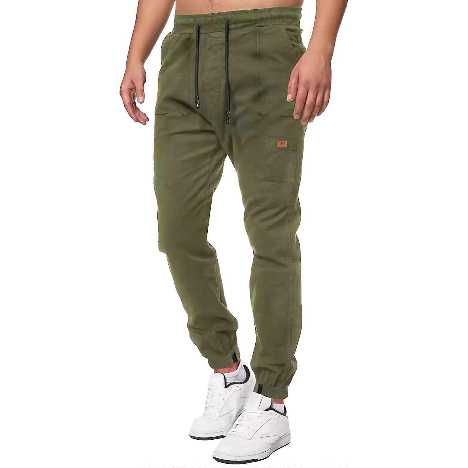 Men's Cargo Trousers Regular Fit Jogger Chino Pants with Elastic Waistband and Pockets in Green, Size L