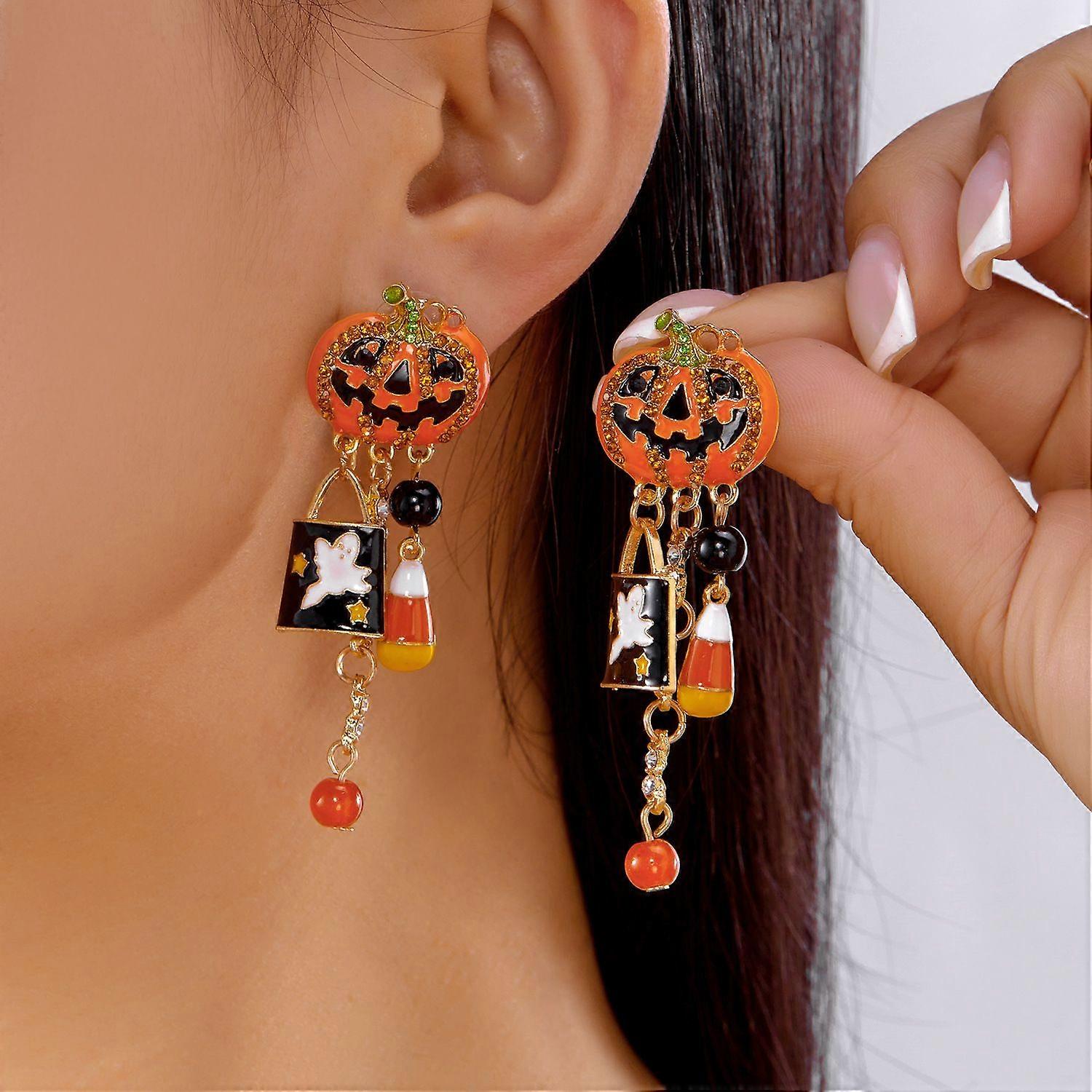 Halloween Themed Earring Set - Pumpkin Ghost Dangle Earrings & Gothic Tassel Earrings