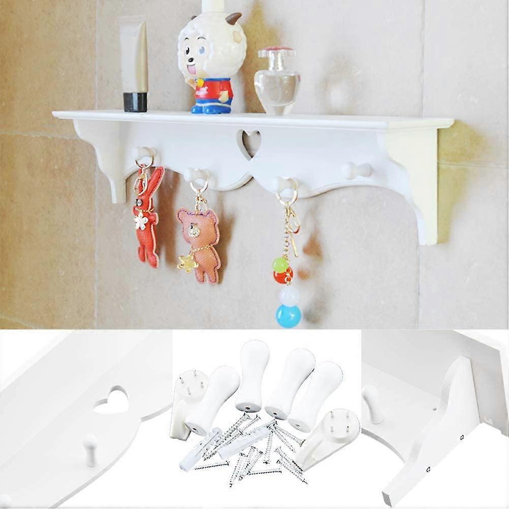 PVC Wall Mount Shelf with 4 Hooks, White, 60x10x12cm, WPC Board