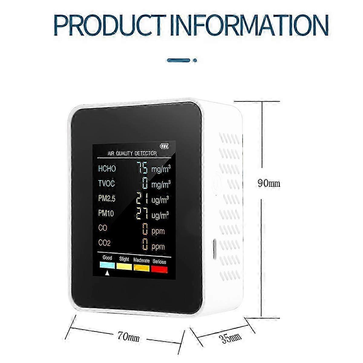 6 in 1 PM2.5 PM10 HCHO TVOC CO CO2 Air Quality Detector CO CO2 Formaldehyde Monitor Home Office Air Quality Tester,Black