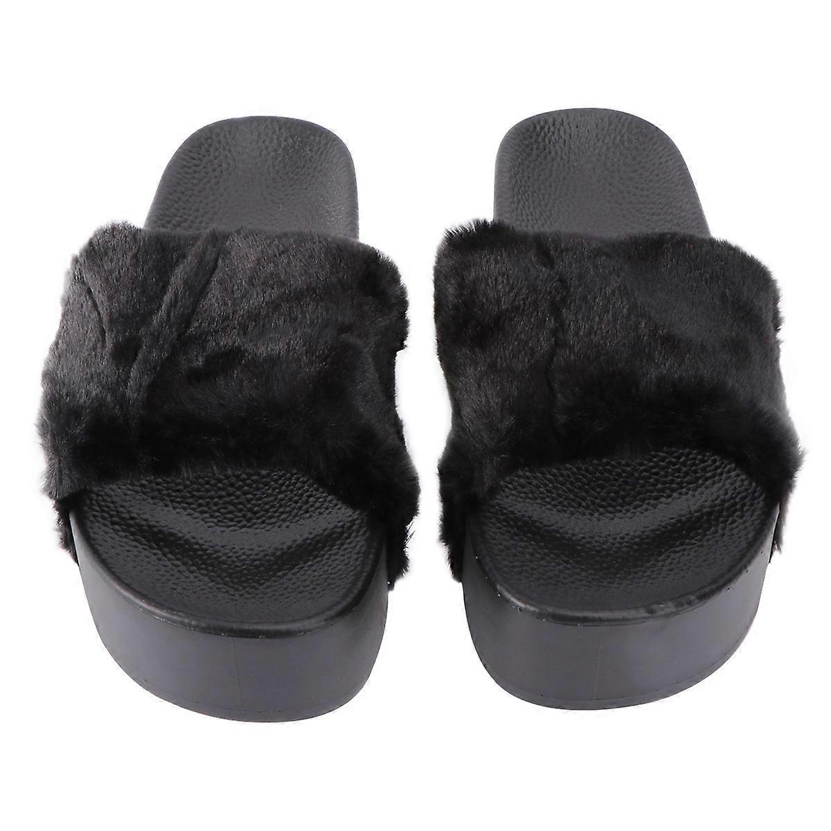 Black Plush Slippers for Women Warm and Comfortable Perfect for Home Use Flat Heels Design