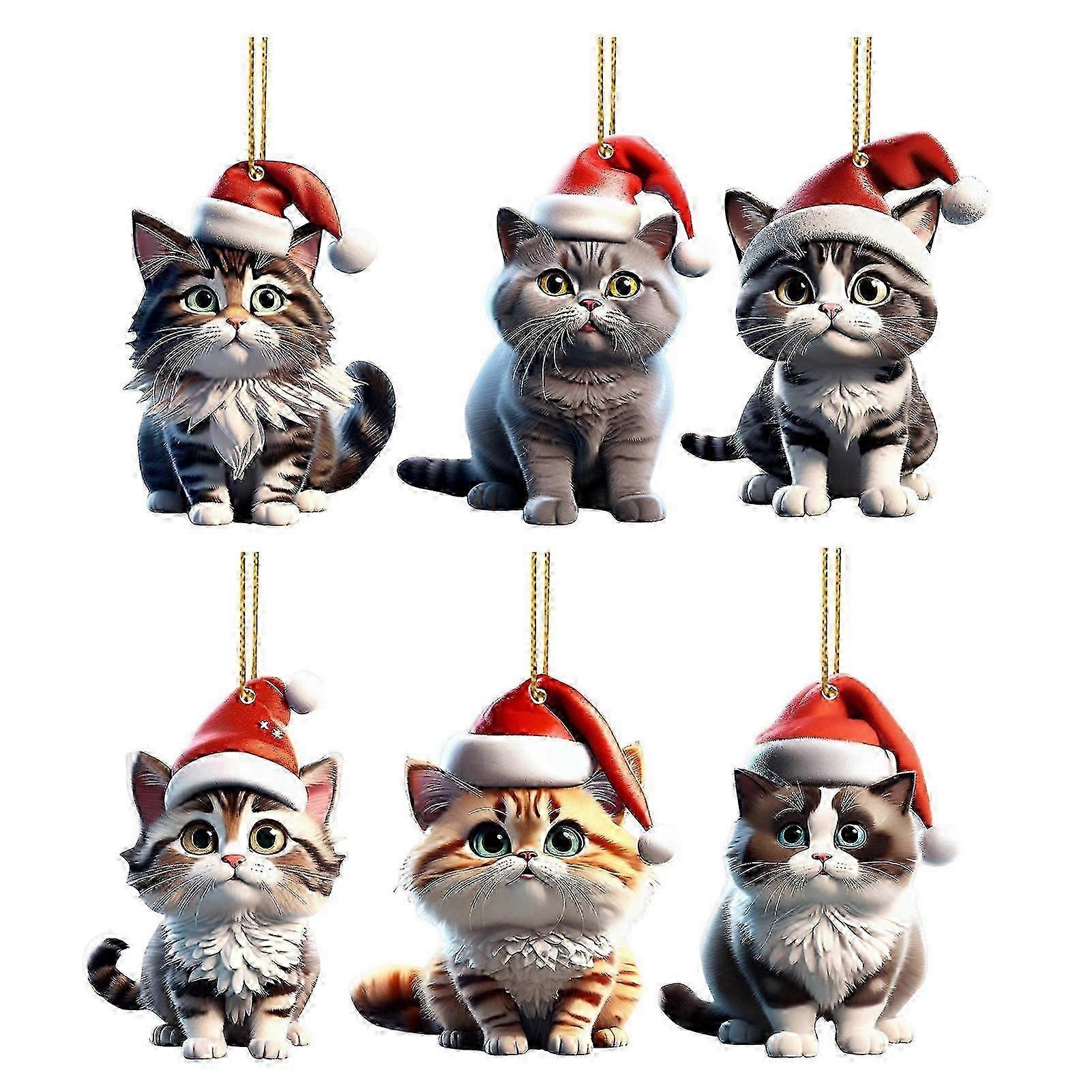 6Pcs Christmas Tree Decoration 2D Cartoon Cat Pendants Hanging Acrylic Ornaments for Christmas Home Car Decor