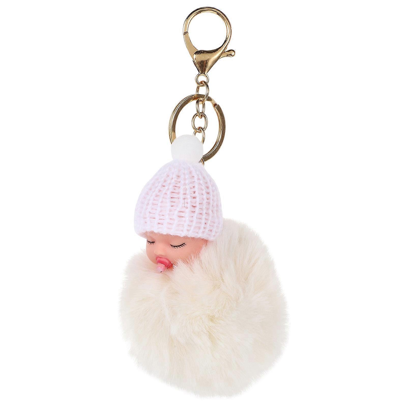 Sleeping Doll Pom Pom Keychain for Hanging Keys 3Pcs White Plush Pendant
