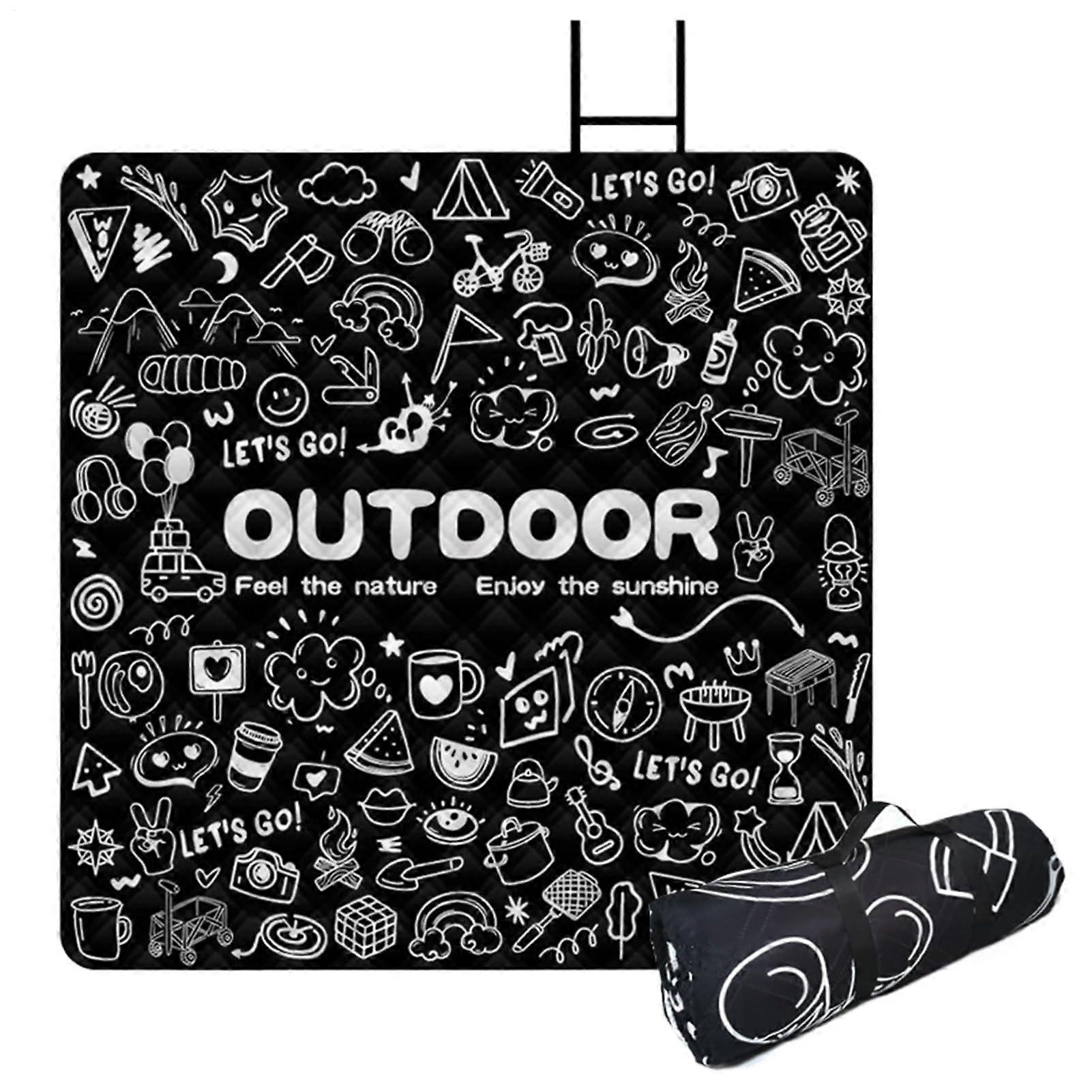 Picnic Mat Waterproof Large Thick Washable Resting Pad For Beach Camping Traveling Yard Gathering Graffiti Black