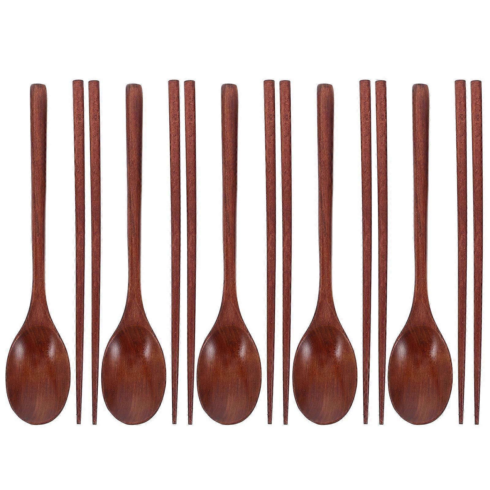 5 Sets Portable Utensil Set Wooden Spoon and Chopstick Reusable Utensil Non-Slip Chopsticks for Lunch and Travel Dishwasher Safe