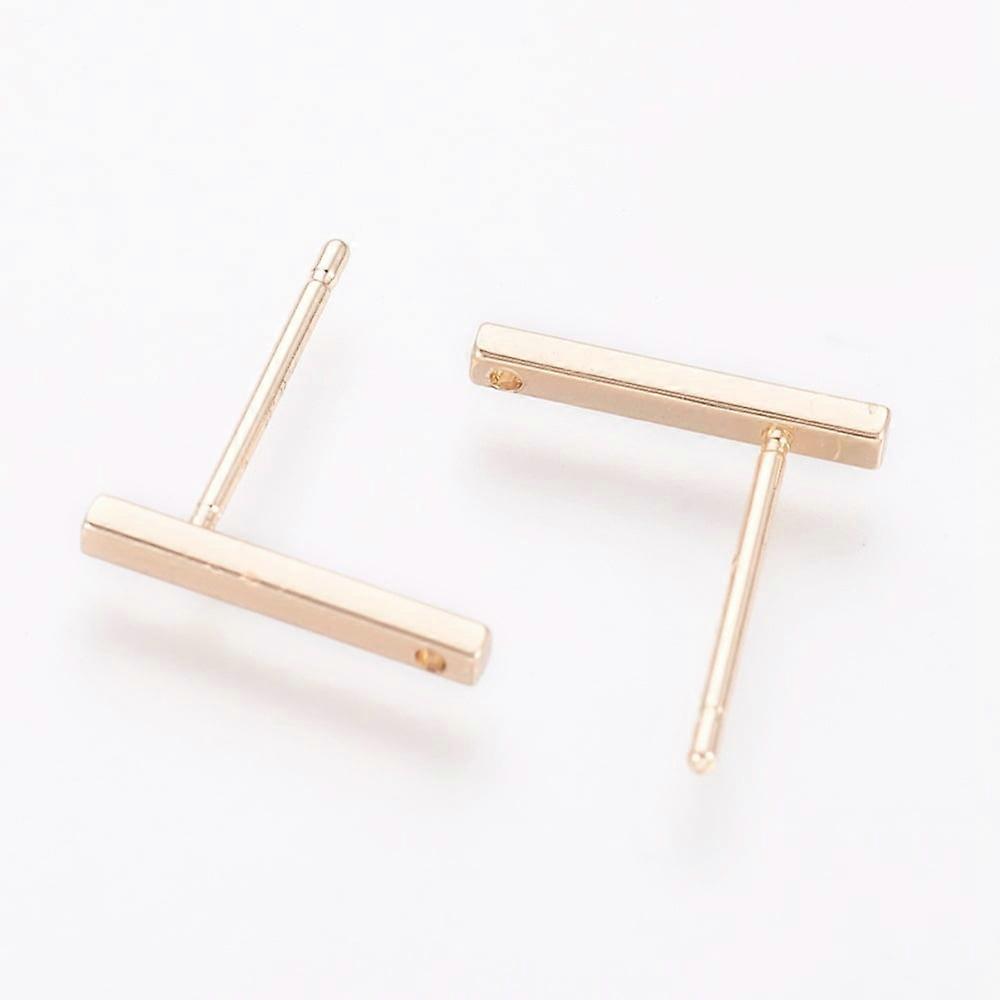10pc Brass Stud Earring Findings with Loop Rectangle Real 18K Gold Plated 12.5x1.5x1.5mm Hole: 0.8mm Pin: 0.8mm