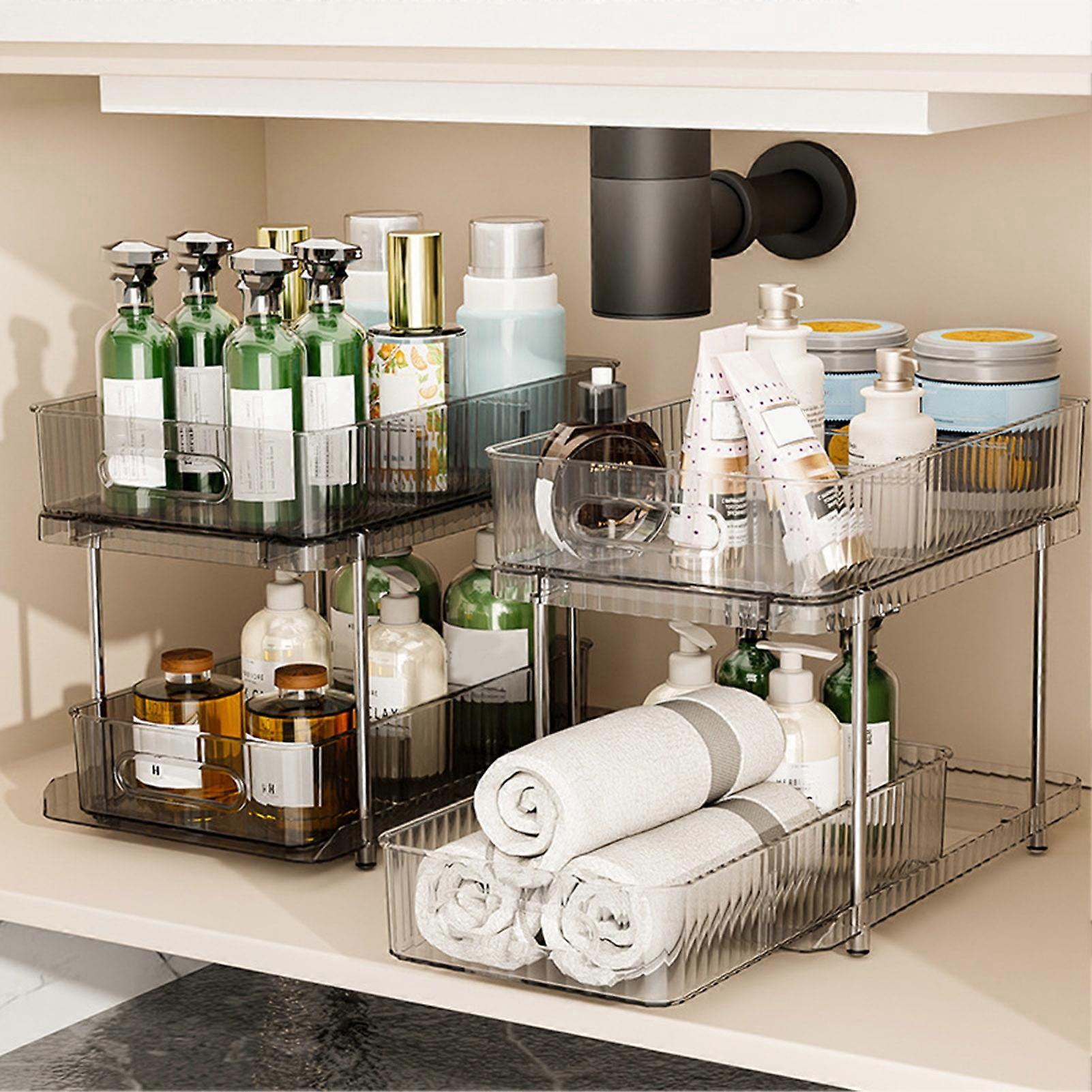 SUSUchens 1 Set Storage Box Space-saving 2-Tier Clear Bathroom under Sink Organizer with Non-Slip Feet for Home Clear