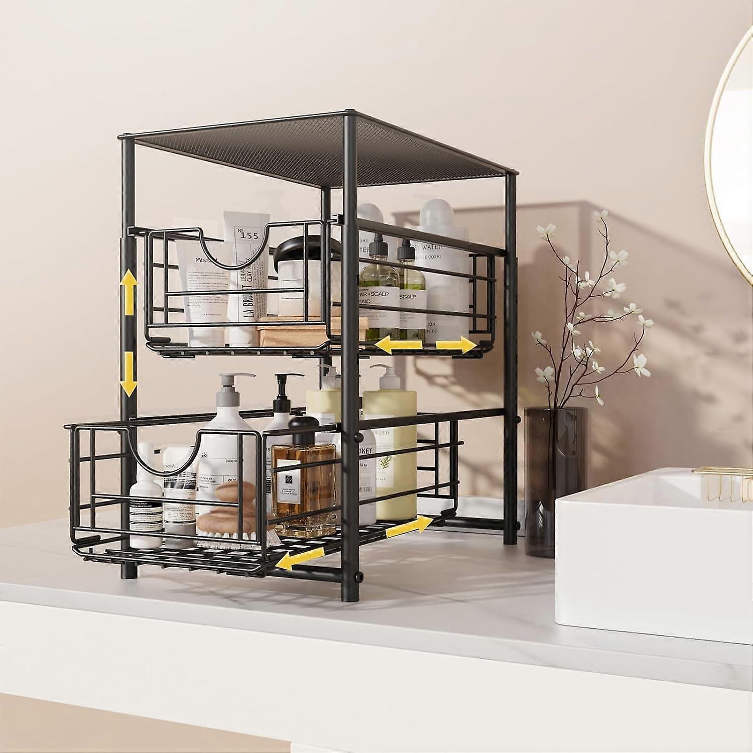 Under Sink Organizer, 2-Tier Metal Pull Out Cabinet Storage, Adjustable Height, Stackable for Kitchen & Bathroom (Black)