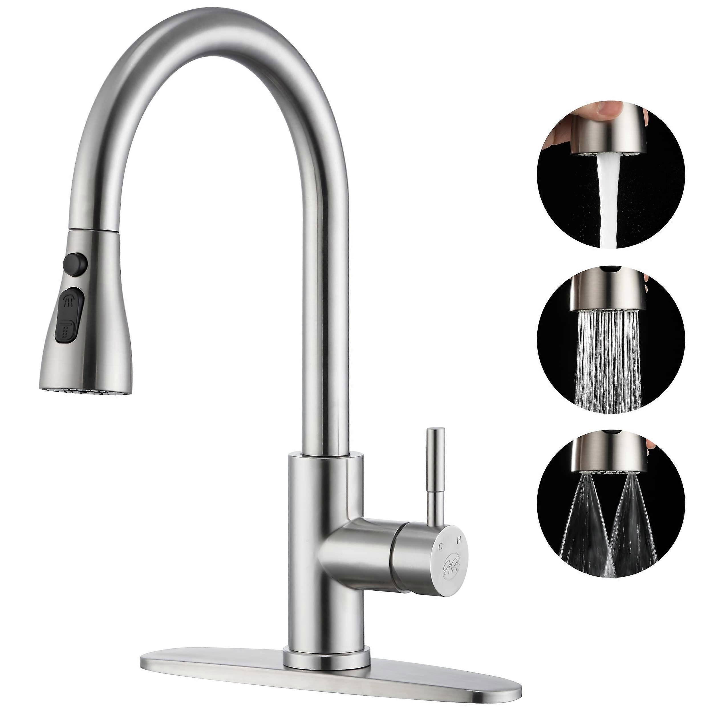 Brushed Nickel Kitchen Faucet With Pull Down Sprayer  Arc Stainless Steel Faucet 3Function Pull Out Single Hole
