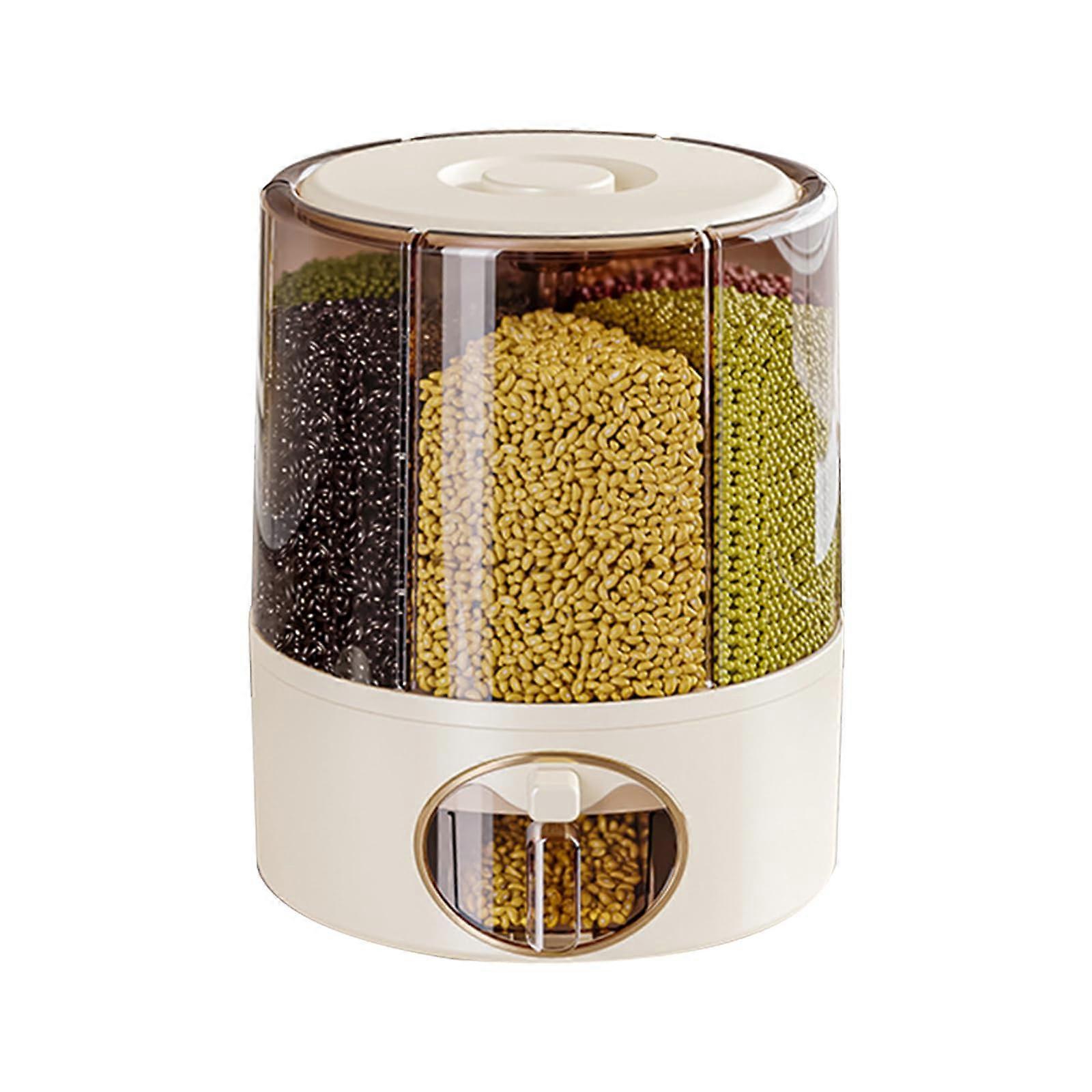 Grain Dispenser 360 Rotating 6 Compartment Dry Food Storage Container for Rice Cereal and Dry Goods Large with Lid