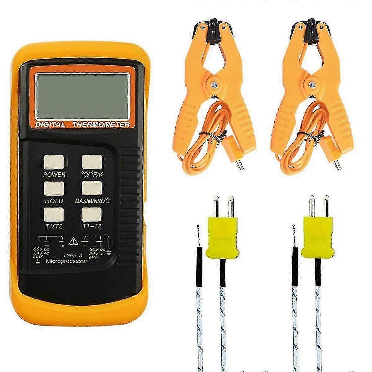Digital Dual Channel K Type Thermocouple Thermometer (-50-1300°C) with 2 Thermometer Pipe Clamps and Sensors