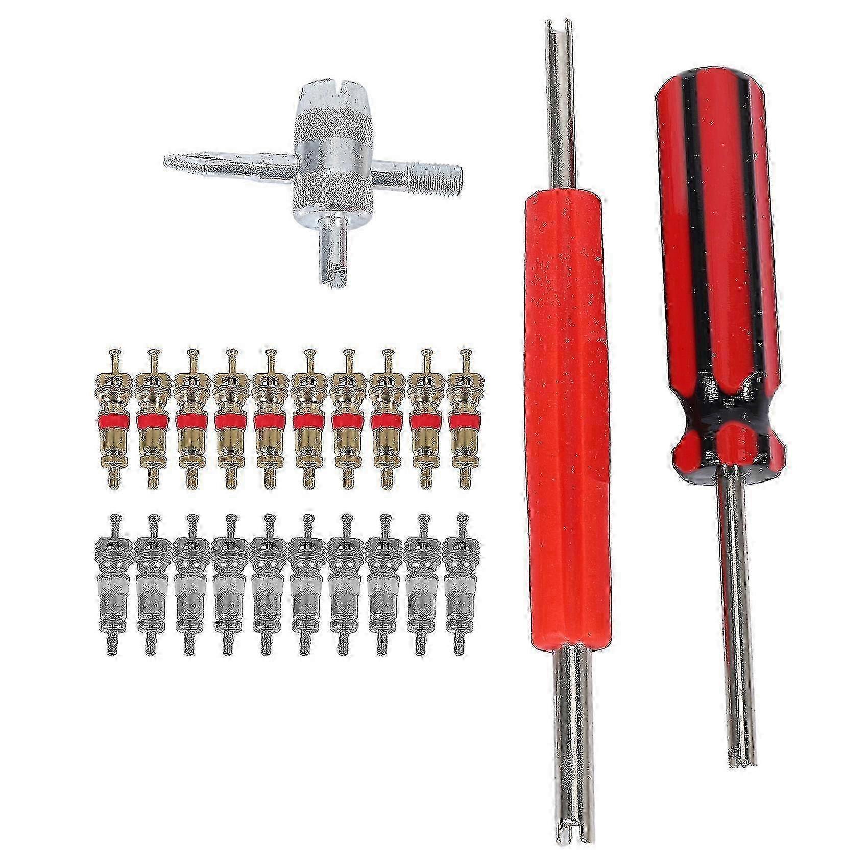 Valve Core Tool Set 20Pcs Valve Cores, 4-Way Valve Tool, Dual Single Head Valve Core Remover, Tire R
