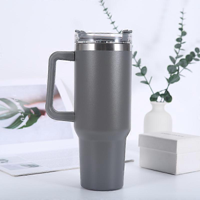 Gray 40oz 304 Stainless Steel Insulated Mug with Handle, Double-Layer, with Straw, Large Capacity, Portable Car Mug