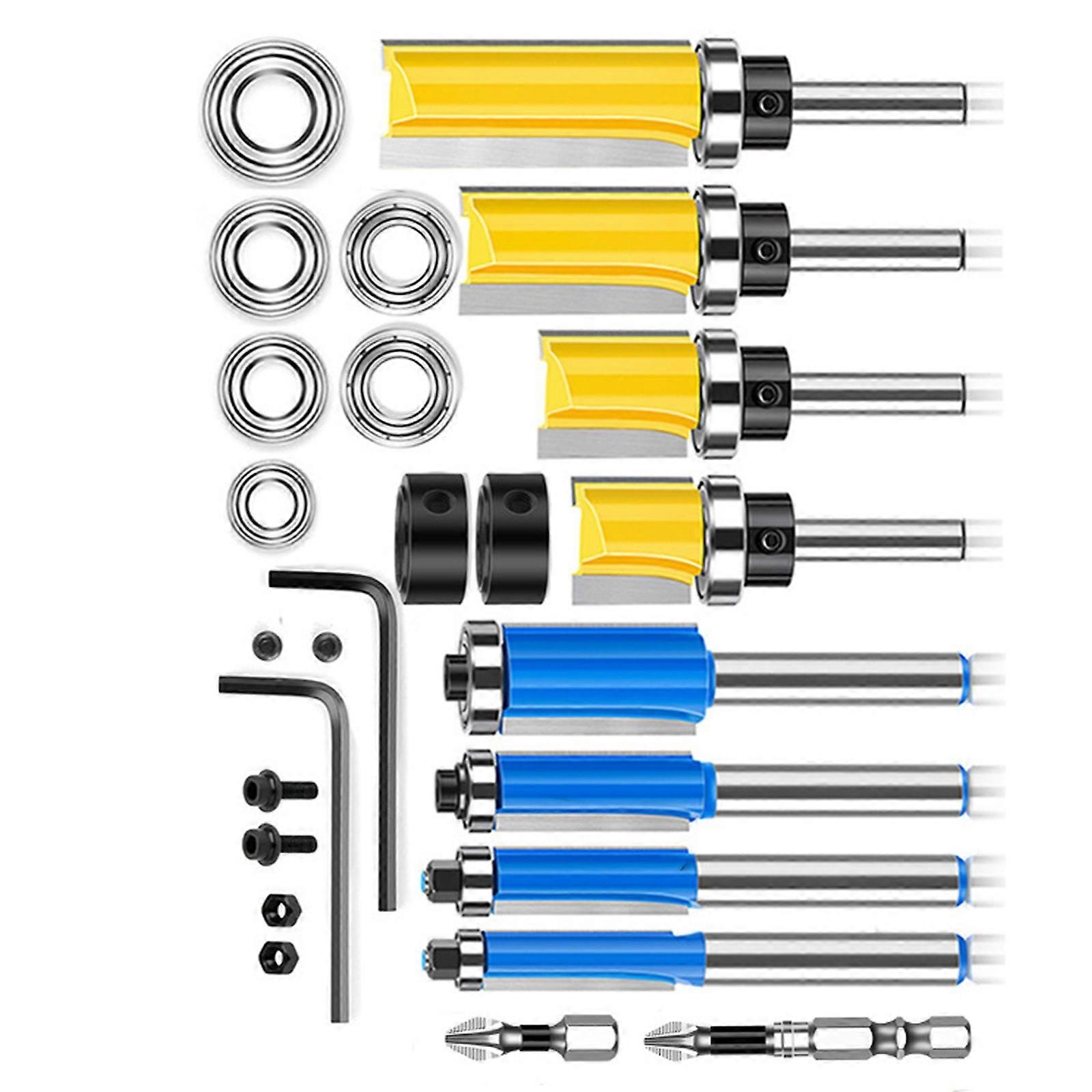 26Pcs 8MM Template Trim Hinges Mortising Router Bit Straight End Mill Trimmers Cleaning Flush Trim Cutter Tool Multicolor