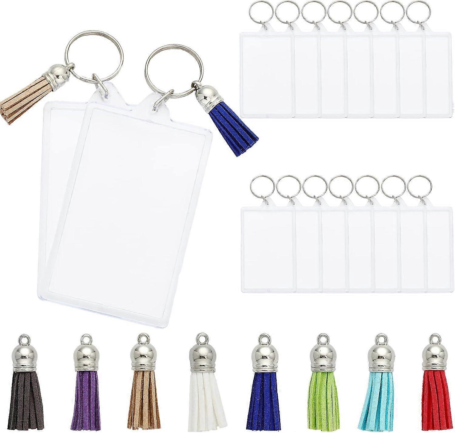 32Pcs Blanks Acrylic Photo Keychain with Mix Colors Suede Tassels Charms Rectangle Acrylic Keychain Picture Frame Keychain with Tassels DIY Key Chain 