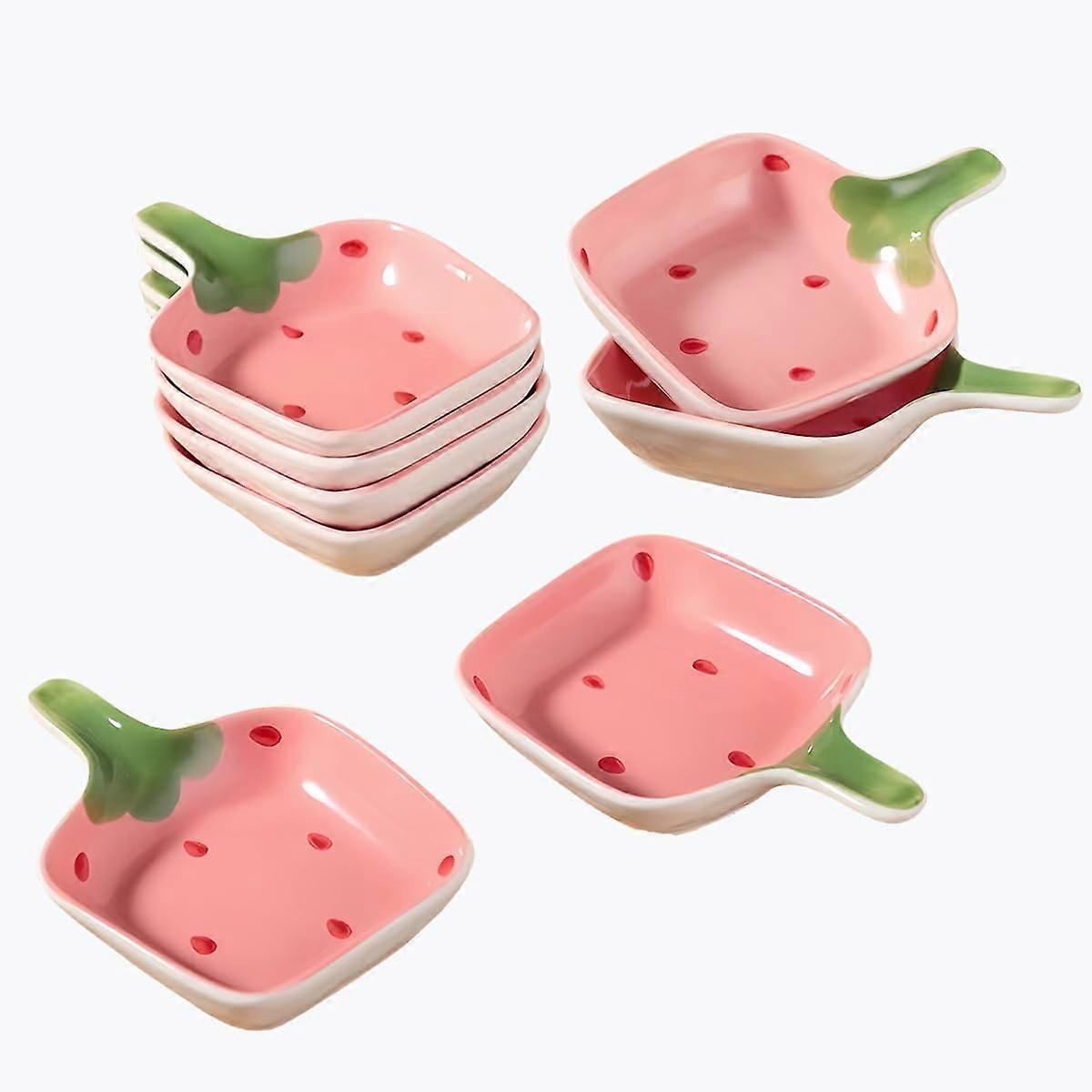 8 Pcs Ceramic Dipping Bowls with Handles, Stackable Microwave Safe Strawberry Pattern Soy Sauce Dishes