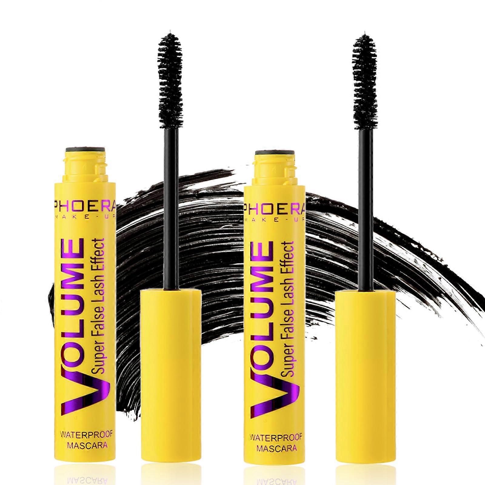 2 Pack Waterproof Volumizing Mascara Black, SmudgeProof Fiber Formula for Long Thick Lashes
