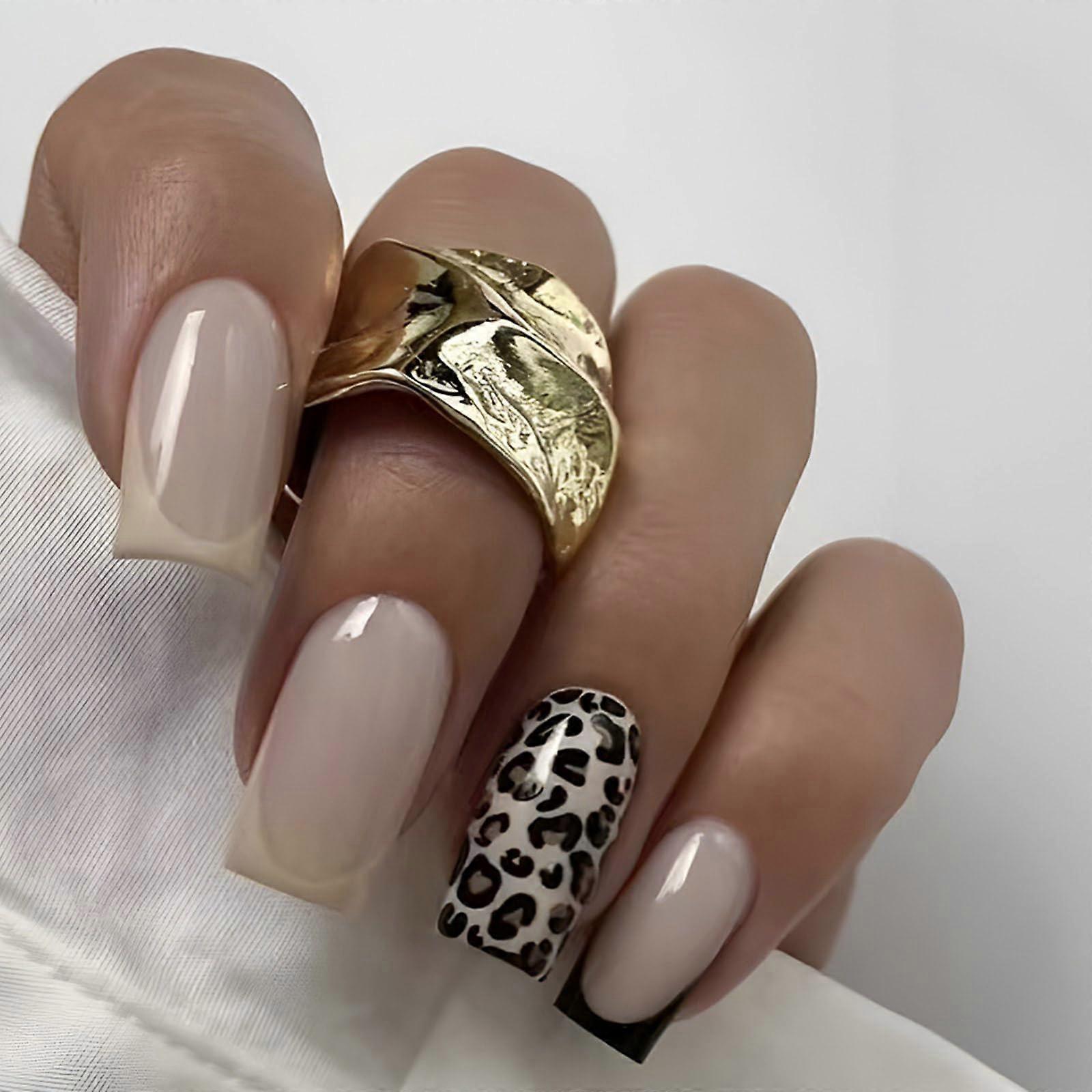 Short Square Leopard French Tip Press On Nails 24pcs Easy Application Acrylic Full Cover Set