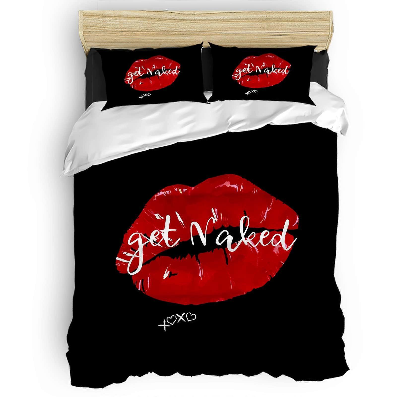 Full Size Microfiber Comforter Set Sexy Lip Red 4 Piece Breathable Wrinkle Resistant Bedding