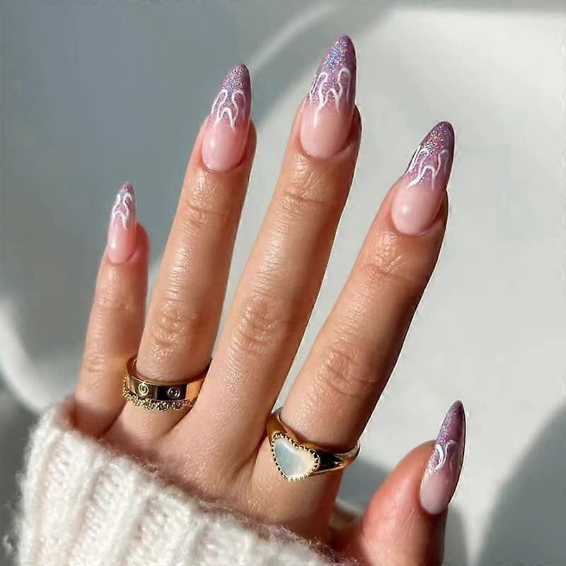 Medium Almond Press on Nails Purple Gradient Flame Fake Nails Full Coverage Acrylic Tips 24pcs