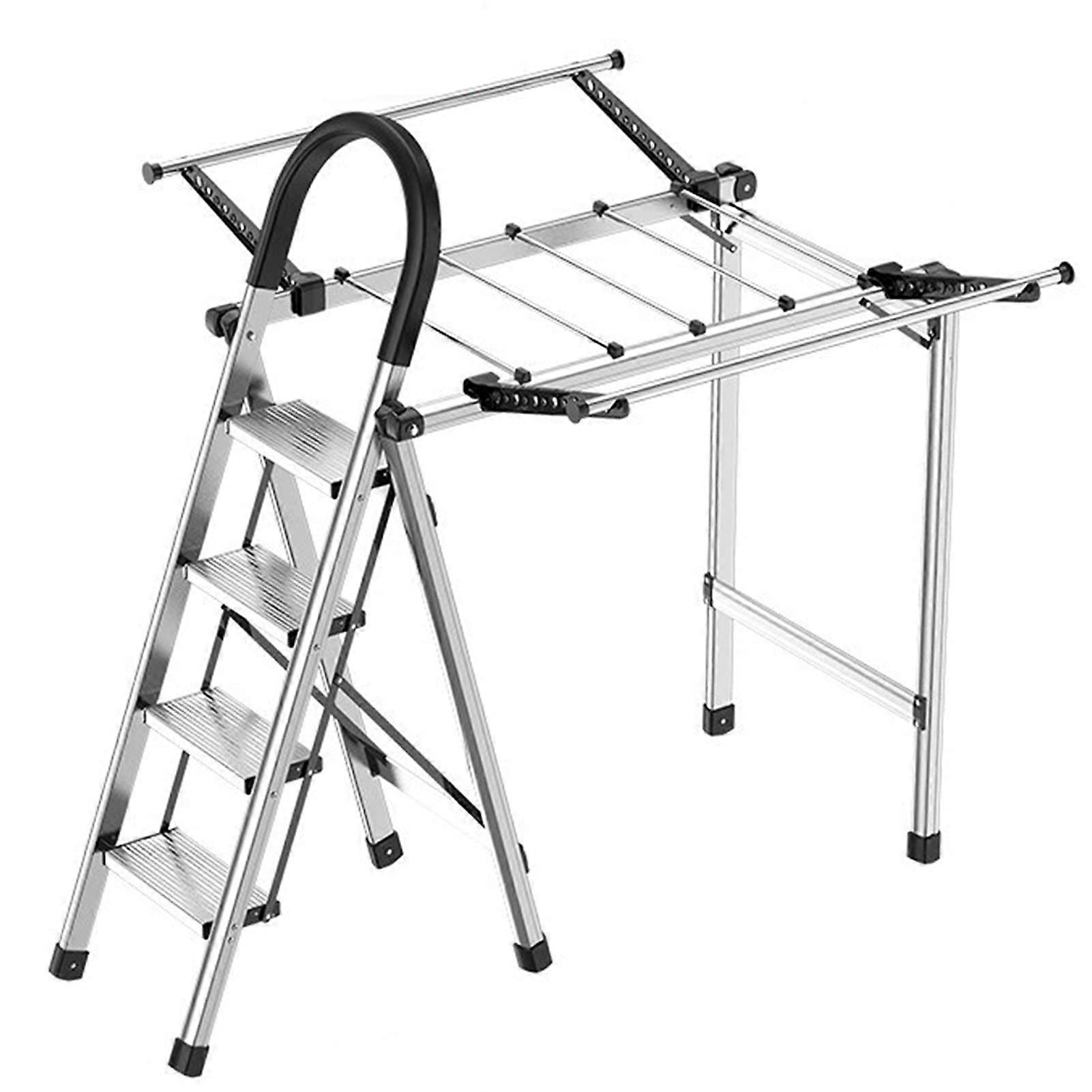Multifunctional Aluminum 4Step Folding Laundry Drying Rack Ladder with Armrest for Indoor Outdoor Use