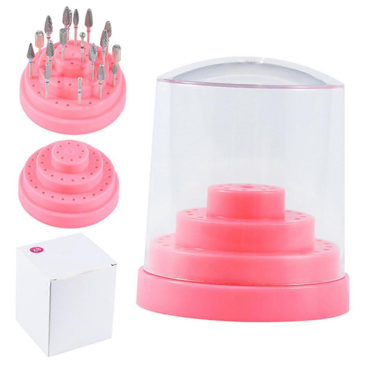 Pink Nail Drill Bit Holder Box with Dustproof Protective Case for Salon Organized Storage