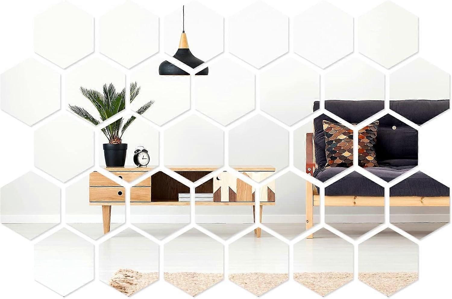 30 Hexagonal Self-Adhesive Mirrors, Self-Adhesive Acrylic Wall Mirrors