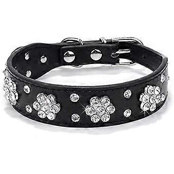 Haoyueer Rhinestone Dog Collar, Cute Flower Rhinestone Cat Dog Collar Bling Collar PU Leather Collar Adjustable Sizes Small Medium Large(Black,M)