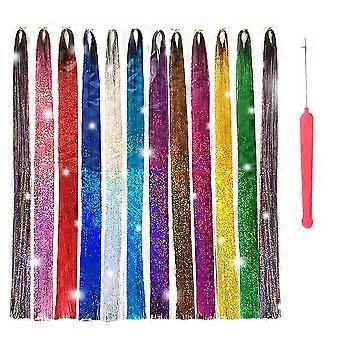 Hair Tinsel Strands With Tools 12 Colors 3000 Strands Fairy Hair Heat Resistant Glitter Hair Tinsel Strands Kit 44 Inch Sparkling Shiny Hair Extension