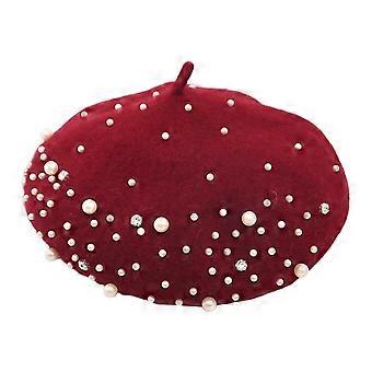Cappello da donna in lana stile inglese vintage con perle finte e strass, senza tesa, tinta unita, con cinturini regolabili e berretto a forma di zucca