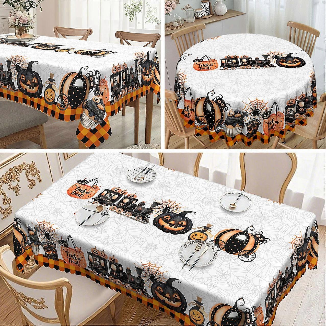Halloween Party Decoration Rectangular Polyester Tablecloth with Cat, Pumpkin, and Bat Pattern