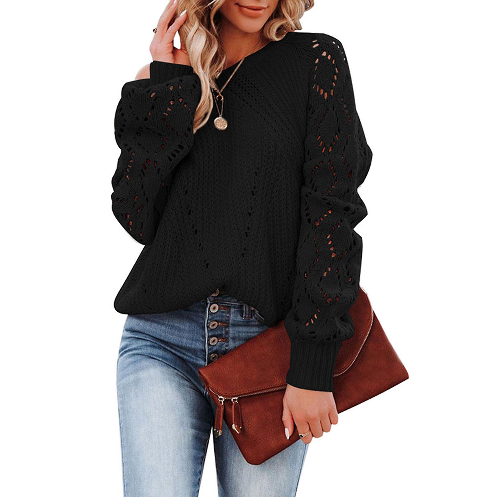 Women Lace Crochet Sweaters With Openwork Pattern Solid Color Design
