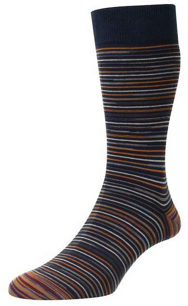 Pantherella Atolla Multi Stripe Space Dye Organic Cotton Socks - Dark Petrol/Rust
