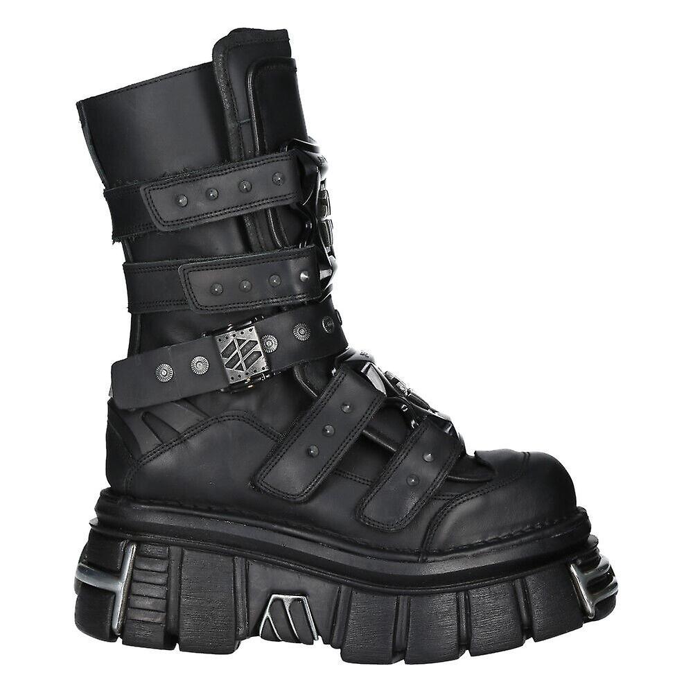 New Rock Boots M-MET422-S1 Unisex Metallic Black Leather Platform Gothic Boots Nero 43