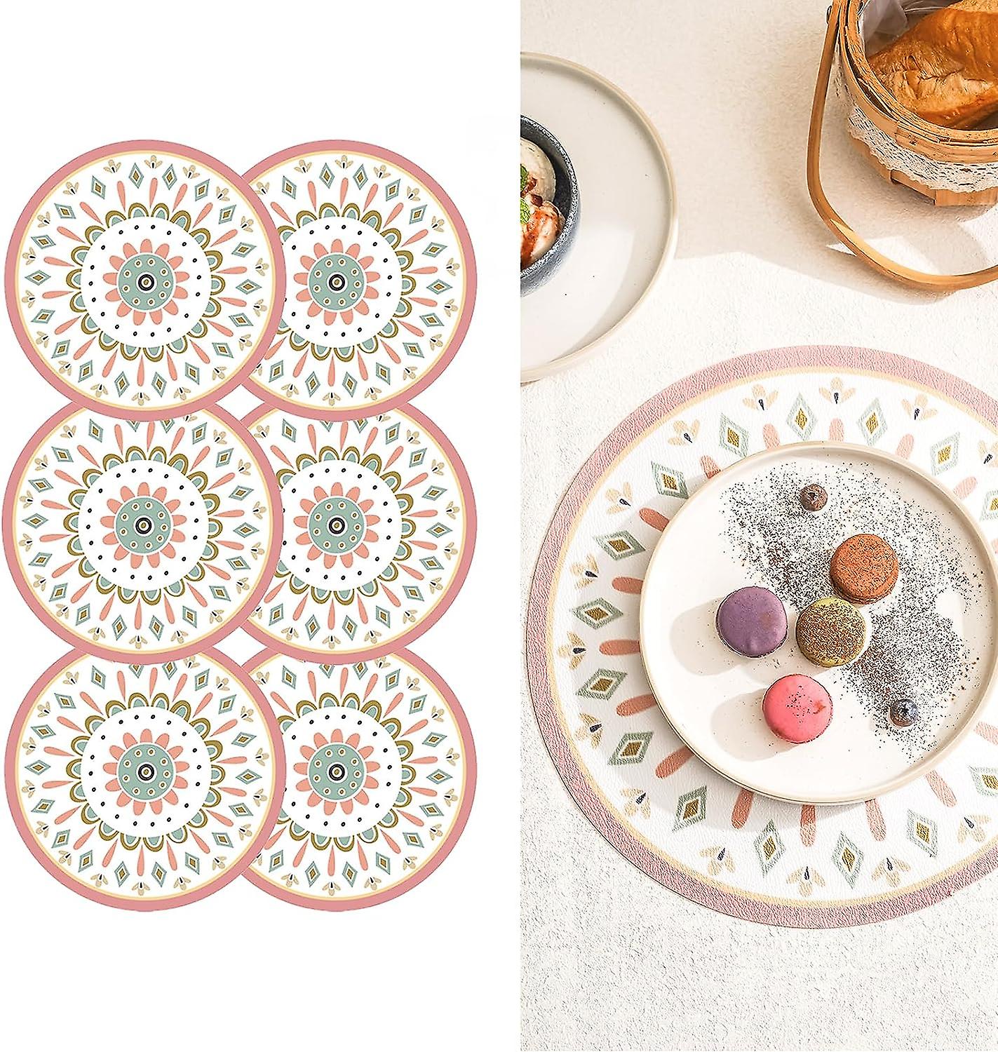Round Mandala Placemats Bohemian Print Pvc Set Of 6 Placemats Washable Heat Resistant Non-slip Table Mat For Kitchen(a)