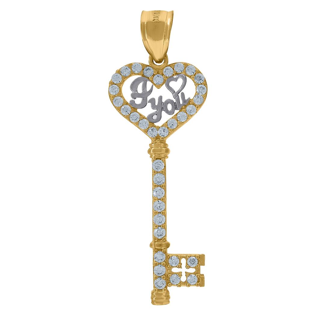 10k oro giallo donna zirconi CZ amore cuore chiave ciondolo collana 44,3x14,70 mm ampio ciondolo per le donne