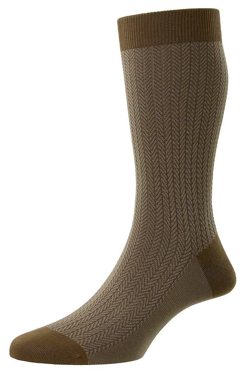 Pantherella Fabian Cotton Fil D'Ecosse Herringbone Socks - Light Khaki