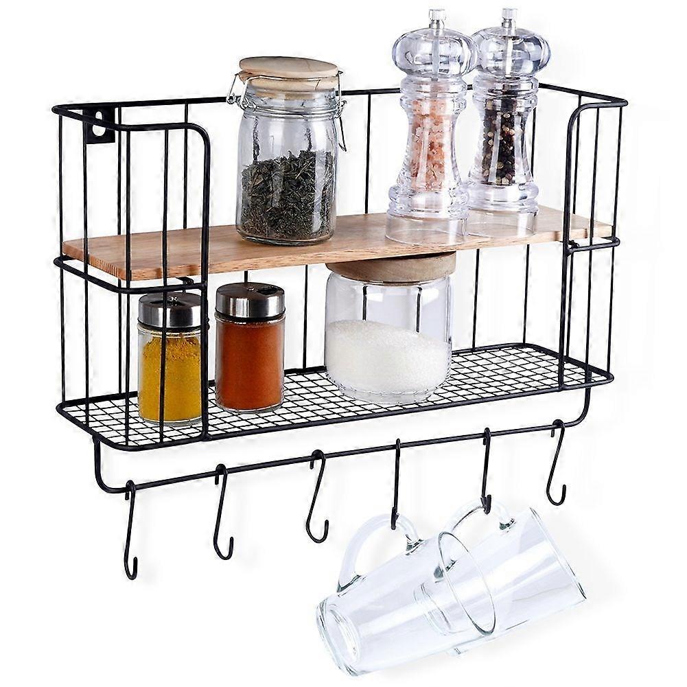 Industrial Wall Mounted Shelf with Hooks and Wooden Plate
