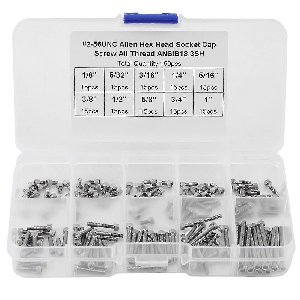 150pcs 9 Sizes Hex Socket Cap Head Screws Assortment Set With Plastic Box #2-56 Unc