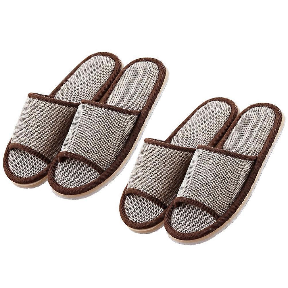 2 Pairs of 29cm Slippers Summer Anti EVA Bottom Cotton Linen Slippers for Hotel Home (Coffee)