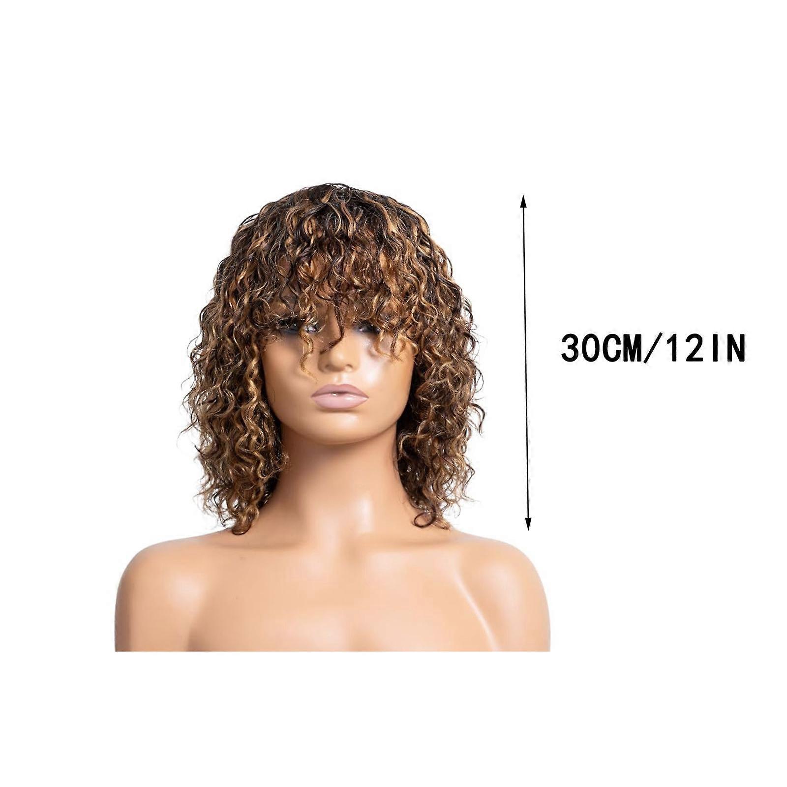 Women's gradient golden brown short curly wig: with bangs, full of charm.