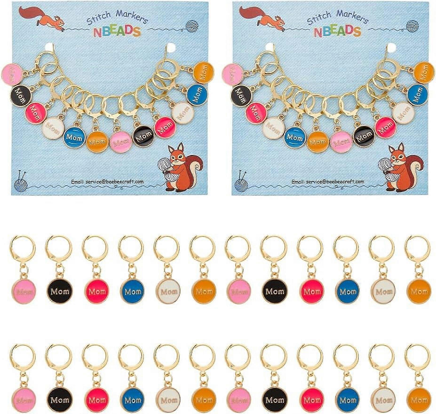 24 Pcs Mother's Day Stitch Markers Flat Round with Word Mom Enamel Crochet Stitch Marker Charms Removable Clasps Locking Stitch Marker