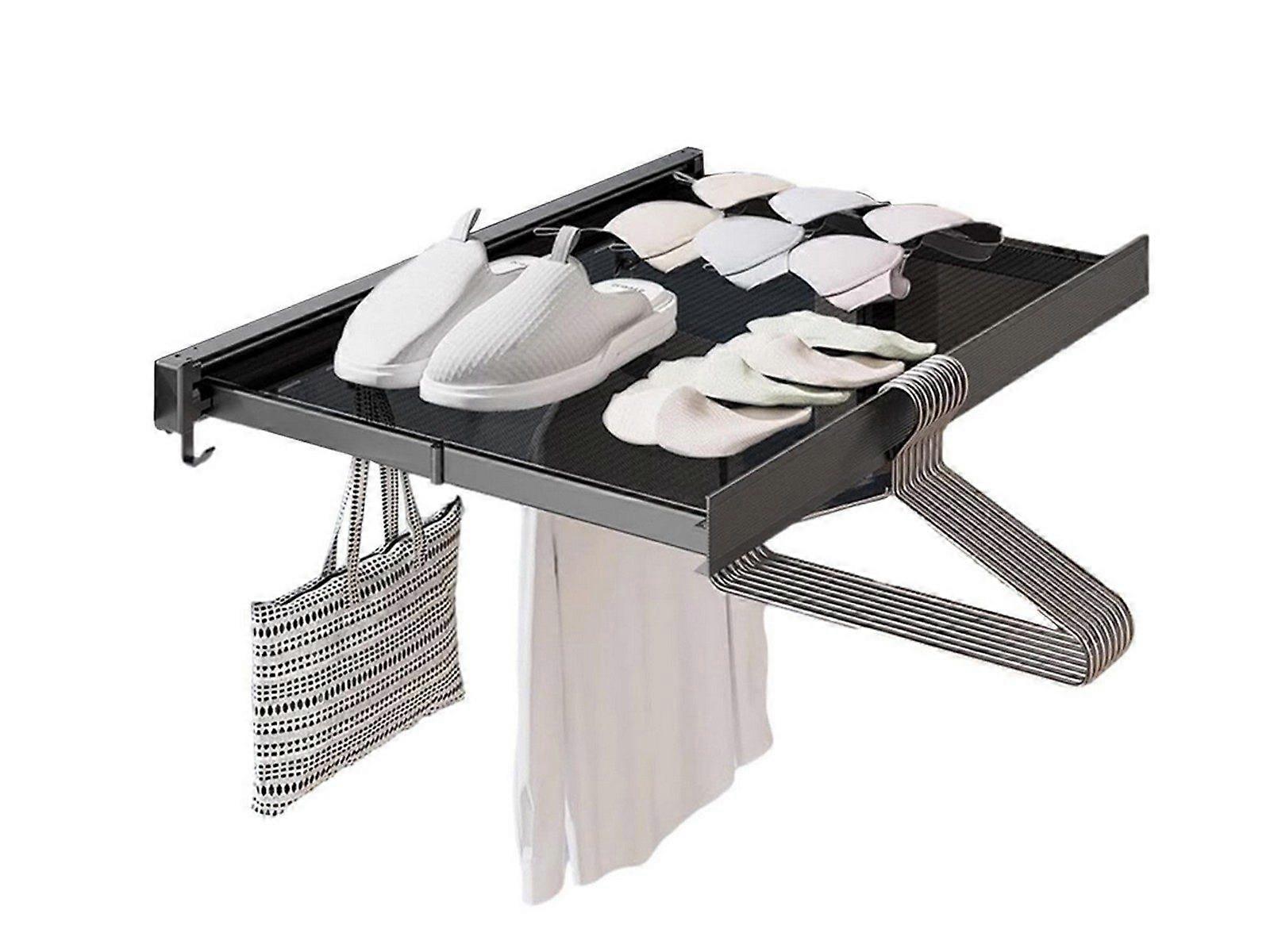 Wall Mounted Retractable Drying Rack Pull Out Laundry Rack with 6 Hooks - Grey